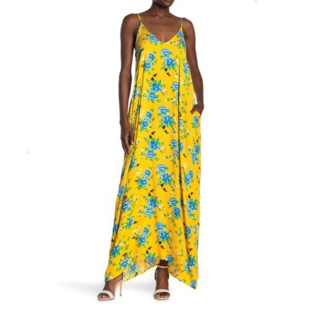 Love Stitch Floral Maxi Dress S M Yellow Gauze Boho Tiered Pocket Vacation Cami